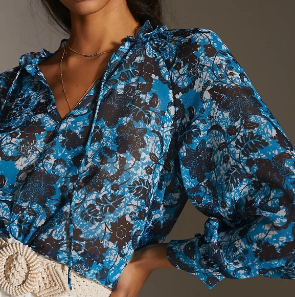 Anthropologie Sheer Printed Peasant Floral Long Sleeve Boho Blouse Size XS - Picture 2 of 15